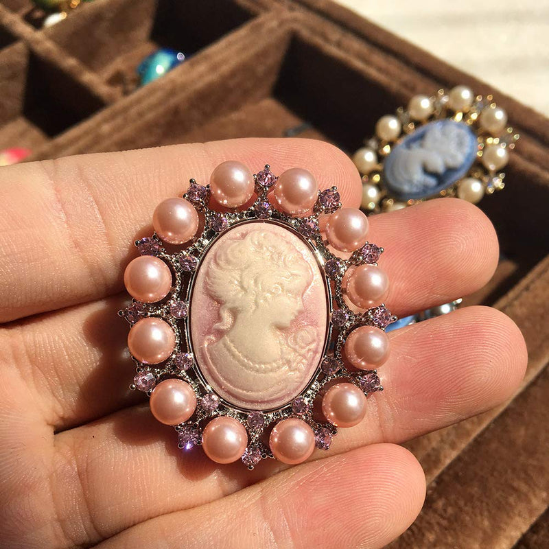 [Australia] - Ajojewel Vintage Lady Maiden Pink Cameo Brooch Pin Charm for Women Rhinestone & Simulated Pearl Brooches for Party Wedding New Year Gift style 1 