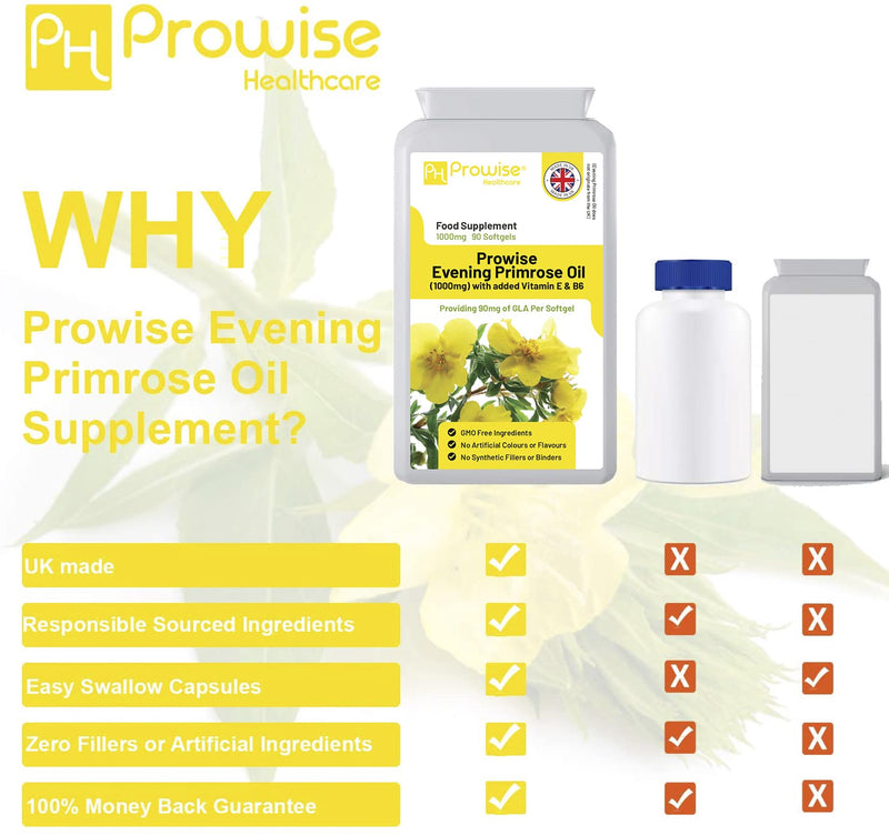 [Australia] - Evening Primrose Oil 1000mg with Vitamin E & B6 90 Capsules| Evening Primrose Oil Capsules | 90mg of GLA per Primrose Capsule | UK Manufactured Under GMP Standard | by Prowise Healthcare 