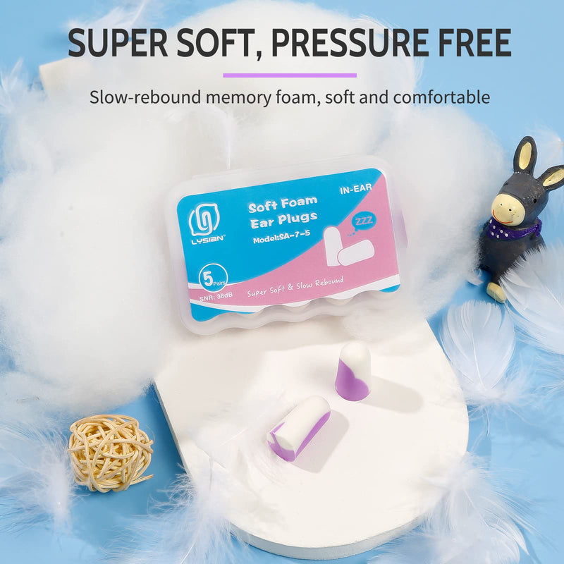 [Australia] - Ultra Soft Foam Earplugs 5 Pairs, 38dB SNR Ear Plugs for Sleeping, Snoring, and All Loud Events by Lysian (Purple/White) Purple/White 