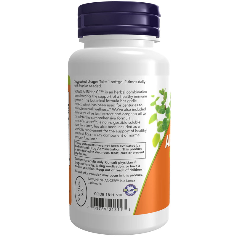 [Australia] - NOW Supplements, AlliBiotic CF™, with Garlic Extract, Olive Leaf Extract, Elderberry & Oregano, Non-Drowsy Formula, 60 Softgels 