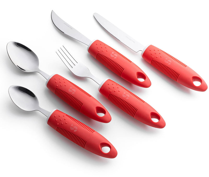 [Australia] - Special Supplies Adaptive Utensils (5-Piece Kitchen Set) Wide, Non-Weighted, Non-Slip Handles for Hand Tremors, Arthritis, Parkinson’s or Elderly Use - Stainless Steel Knives, Fork, Spoons - Red 