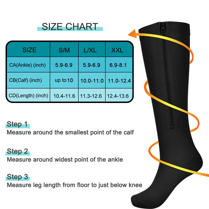[Australia] - 2 Pairs Zipper Compression Socks Women and Men, Closed Toe Compression Stocking, 15-20 mmHg Knee high compression socks for Edema, Varicose Veins, Swollen Sore Black X-Large 