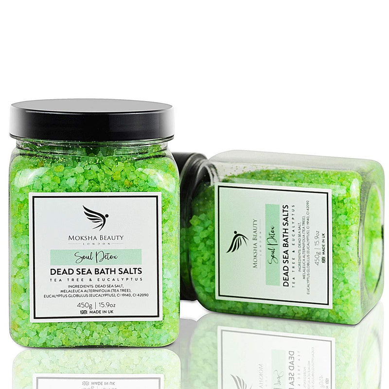 [Australia] - Tea Tree Foot Soak Aromatherapy Bath Salts - Made in UK (450g) Natural Dead Sea Salts for Women, Men, Girls and Kids. Luxury Detox with Tea Tree Essential Oils 