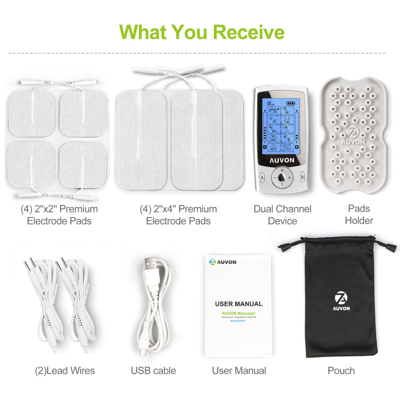 [Australia] - AUVON Dual Channel TENS Machine for Pain Relief, TENS Unit Muscle Stimulator with 20 Modes, 2" and 2"x4" TENS Pads Replacement A-silver 