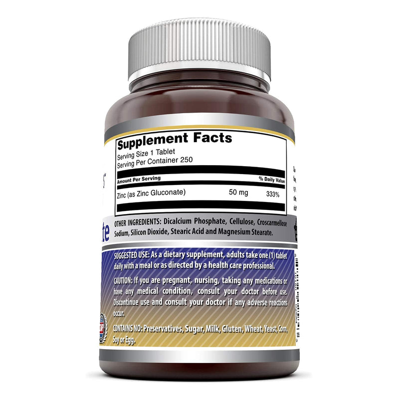 [Australia] - Amazing Formulas Zinc Gluconate 50mg Tablets (Non-GMO, Gluten Free) - Supports Immune System - Supports Enzymes Function - Promotes Healthy Skin (250 Count (Pack of 1)) 250 Count (Pack of 1) 