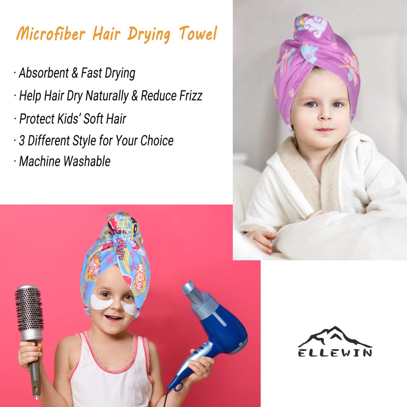 [Australia] - ELLEWIN Microfiber Hair Drying Towels for Kids, 3 Pack Unicorn Wet Hair Towel Wrap Turban for Girls Children Women, Quick Dry Twisty Hair Towels Wrap for Curly Long Thick Hair Anti Frizz Purple/White/Blue 