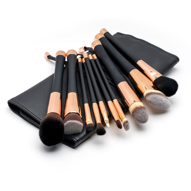 [Australia] - Fancii Professional Makeup Brush Collection, 11 Pcs Set High End Cosmetic Brush with Leather Travel Clutch, Cruelty Free Synthetic Bristles, Luxury Gold Limited Edition (Aria) 
