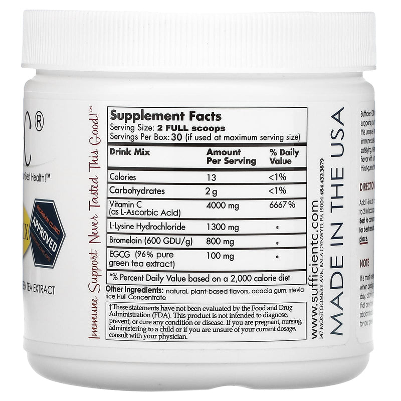 [Australia] - Sufficient-C high-dosed 4000 mg. Non-GMO Vitamin C - Lemon Peach Immune-Ade Drink Mix 250 Gram size - healthy, refreshing hydration with generous dosing of l-lysine, bromelain and a 96% pure, caffeine-free green tea extract, ionophore, thyroid, fatigue... 