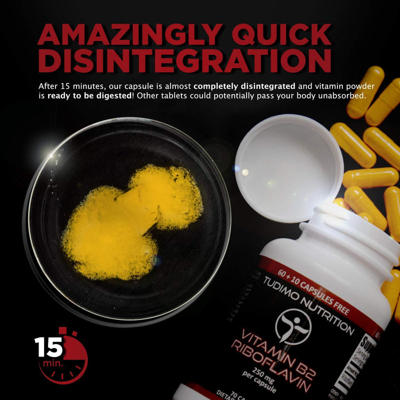 [Australia] - Vitamin B2 Riboflavin 250 mg Capsules - 70 pcs (2+ Month Supply) of Rapidly Disintegrating Capsules, Each with 250mg of Premium Quality & Pure Riboflavin Powder, by TUDIMO 