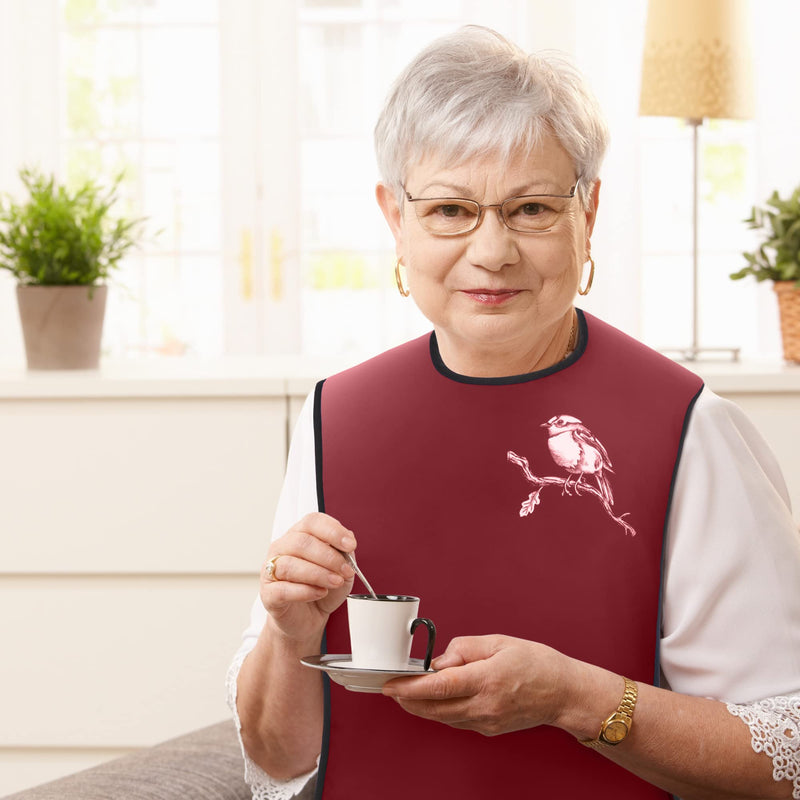 [Australia] - Adult Bibs for Eating: Reusable with Crumb Catcher Pocket - For Men and Women Chickadee Bird Burgundy 