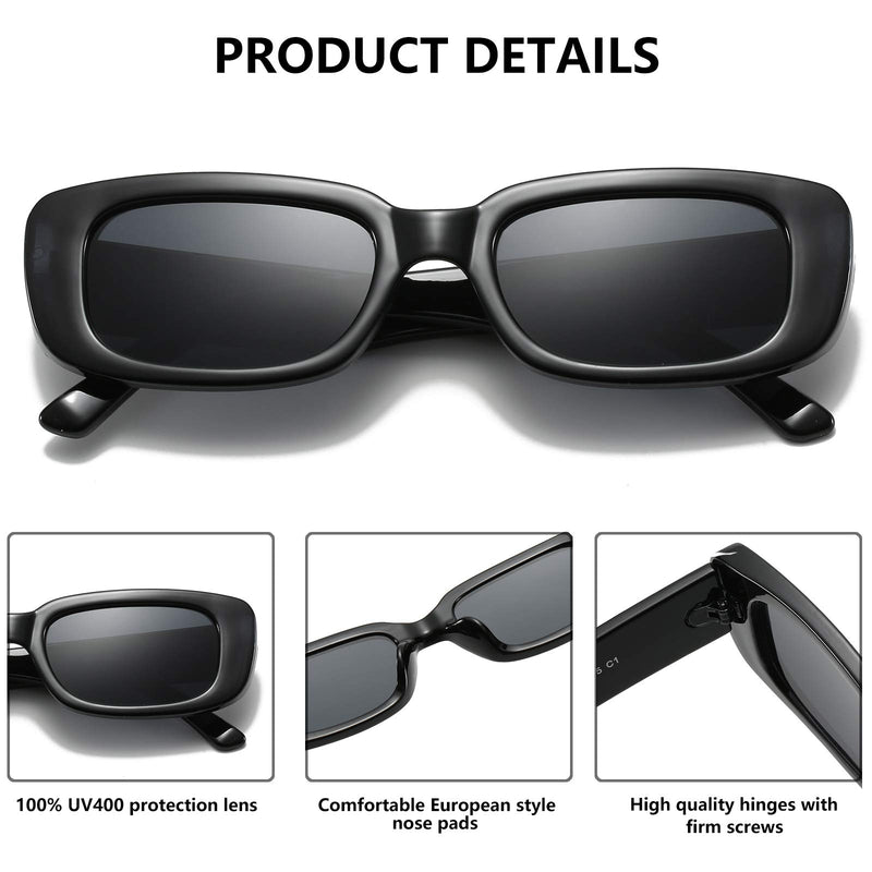 [Australia] - KUGUAOK Retro Rectangle Sunglasses Women and Men Vintage Small Square Sun Glasses UV Protection Glasse 2 Pack Black 