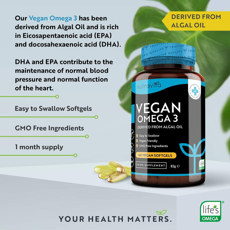 [Australia] - Vegan High Strength Omega 3 2000mg Soft Gels - 600mg DHA & 300mg EPA per Serving - Plant-Based Omega 3 Softgels Derived from Sustainable Algal Oil - 60 Vegan Softgels - Made in The UK by Nutravita 