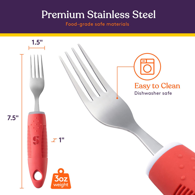 [Australia] - Special Supplies Adaptive Utensils (5-Piece Kitchen Set) Wide, Non-Weighted, Non-Slip Handles for Hand Tremors, Arthritis, Parkinson’s or Elderly Use - Stainless Steel Knives, Fork, Spoons - Red 