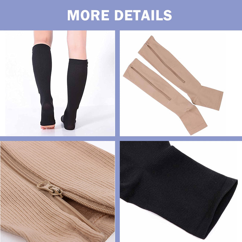[Australia] - 2 Pairs Compression Socks Toe Open Leg Support Stocking Knee High Socks with Zipper Large-X-Large 01-nude 