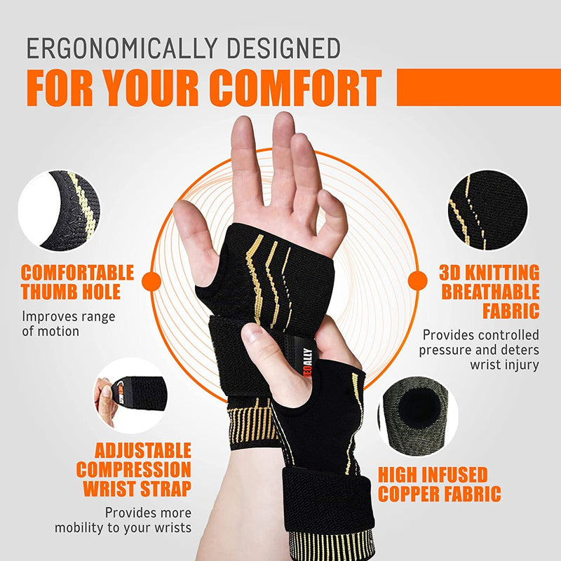 [Australia] - NeoAlly Copper Compression Wrist Sleeve for Carpal Tunnel Gloves with Adjustable Strap for Wrist Support in Carpal Tunnel, Arthritis, Tendonitis, Bursitis and Wrist Sprain (M Pair) Medium (1 Pair) 