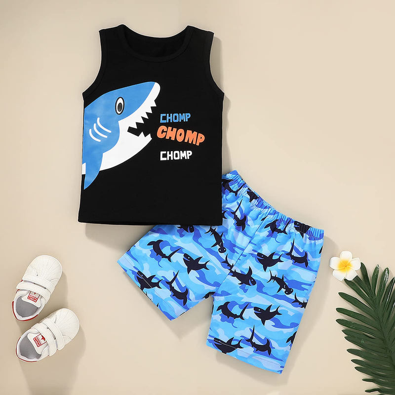 [Australia] - 2Pcs Infant Baby Boy Summer Clothes Outfits, Toddler Little Boys Forest Animal Print Sleeveless Tank Tops Shorts Sets Black 9-12 Months 