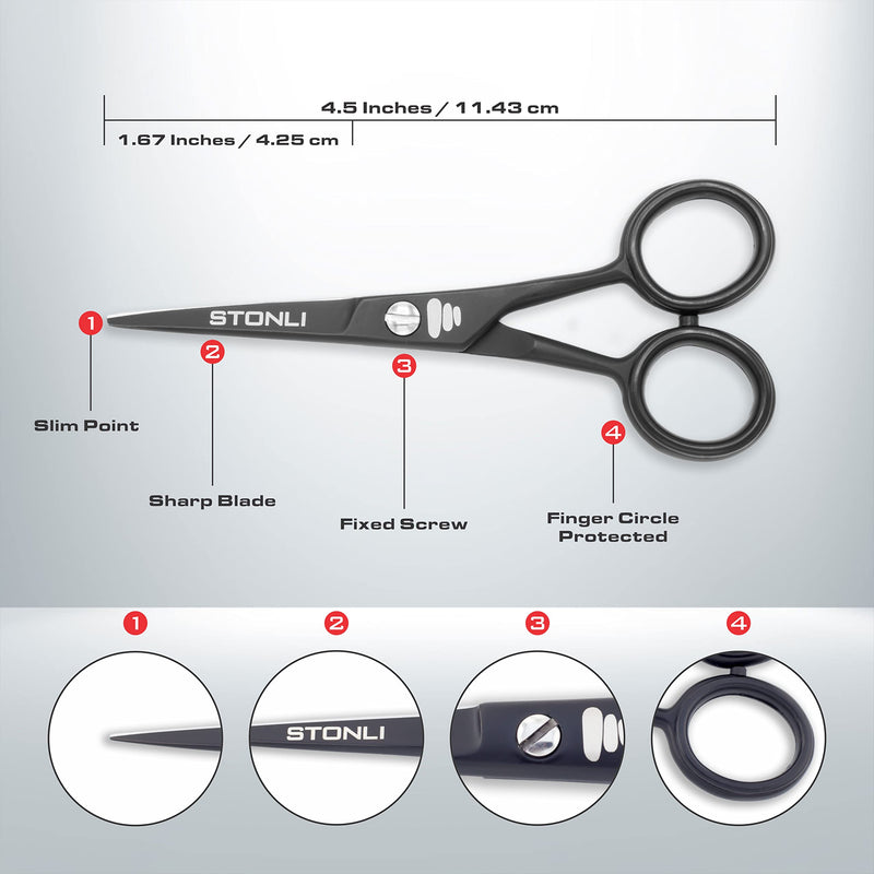 [Australia] - STONLI 4.5 inches Beard and Moustache Scissors - Ear and Nose Hair Trimming Stainless Steel Scissors, Safety Use for Eyebrows, Eyelashes, and Ear Hair 