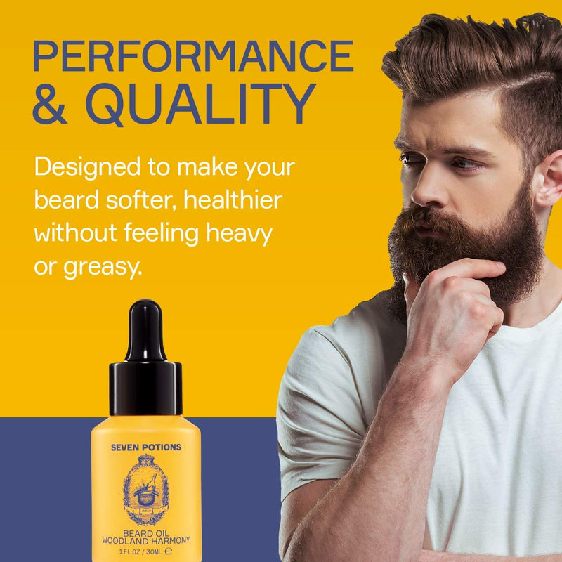 [Australia] - Seven Potions Premium Beard Oil for Men — Jojoba Oil Beard Softener to Nourish Skin, Hair, and Stop Beard Itch — All-Natural, Vegan, Cruelty Free — Woodland Harmony Scent (30ml) Amber 
