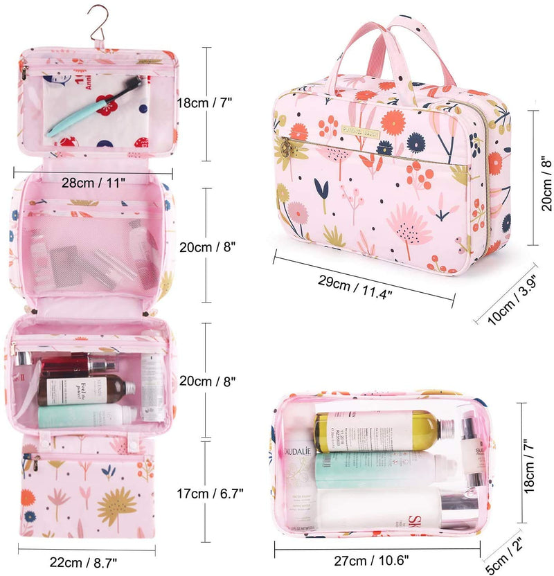 [Australia] - Hanging Travel Toiletry Bag, Lychii Cosmetic Makeup Organizer with Detachable Transparent Bag for Full Sized Toiletries, Large-Flower Prints B 