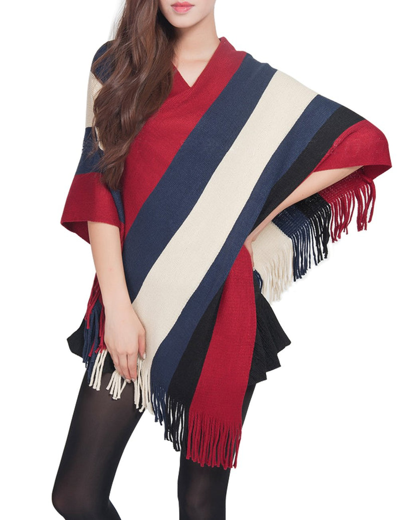 [Australia] - Dahlia Women's Knitted Poncho - V Neck Houndstooth Tassel Cape Stripe: Red 