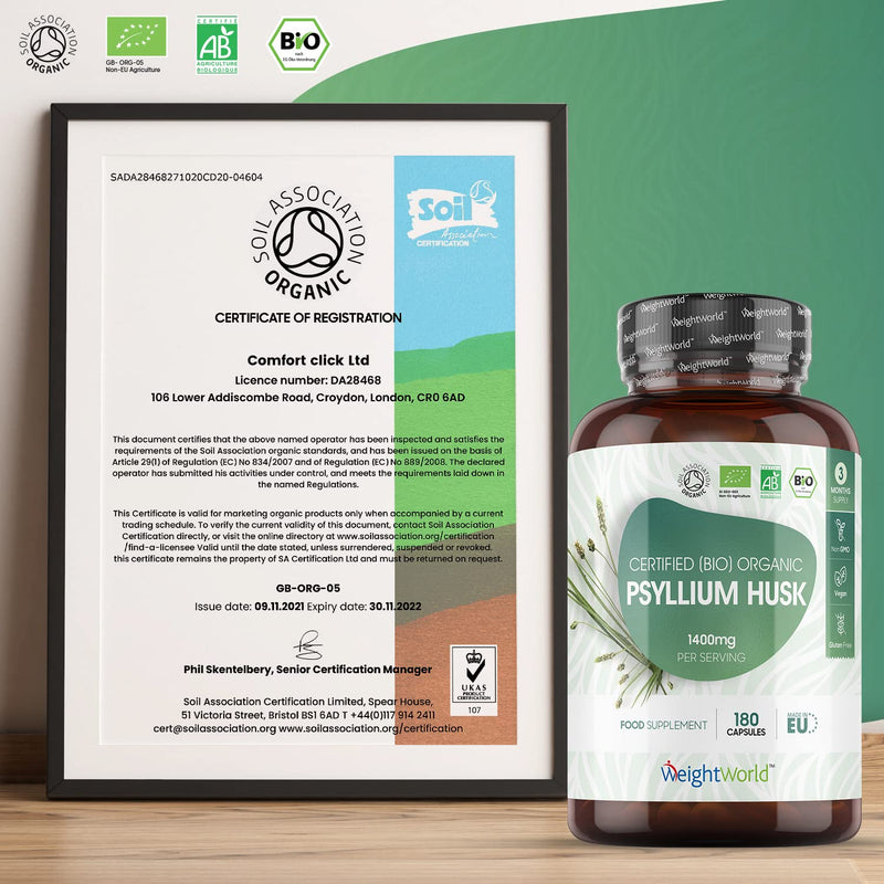 [Australia] - Organic Psyllium Husk Capsules 1400mg - 180 Vegan Capsules (3 Month Supply) - High Soluble Prebiotic Fibre Supplement - Soil Association Certified -Allergen & Gluten Free Psyllium Husk Powder Capsules 