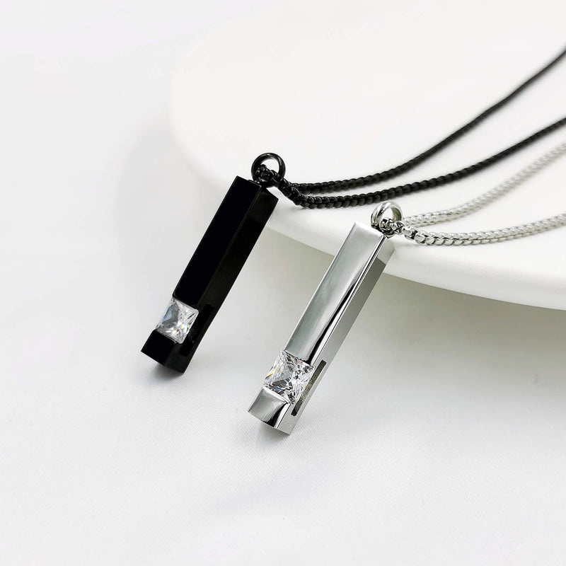 [Australia] - 2 Pcs Urn Necklaces for Ashes Memorial Cremation Urn Necklace Stainless Steel Black Silver Tone Bar Pendant Necklace Ashes Keepsake Jewelry With Cubic Zirconia 2Psc/Set,Black and Silver Neckalces 
