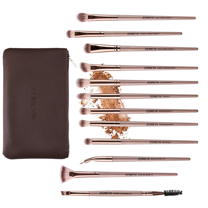 [Australia] - Zoreya Eye Makeup Brushes, 12 Pcs Professional Eye Brush Set Eyeshadow, Eyebrow, Blending, Fan, Eyelash Brushes Set With Carrying Bag(Champagne Gold) Champagne Gold 