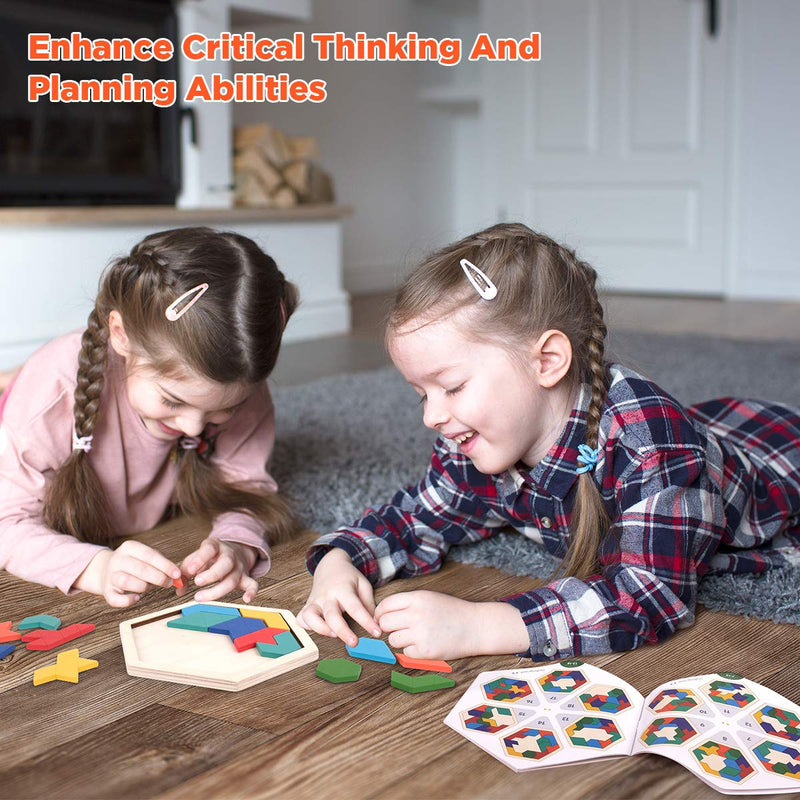 [Australia] - Coogam Wooden Kids Puzzle - Hexagon Shape Pattern Tetris Block Tangram Logic IQ Game STEM Montessori Brain Teaser Toy Gift for Teenagers 