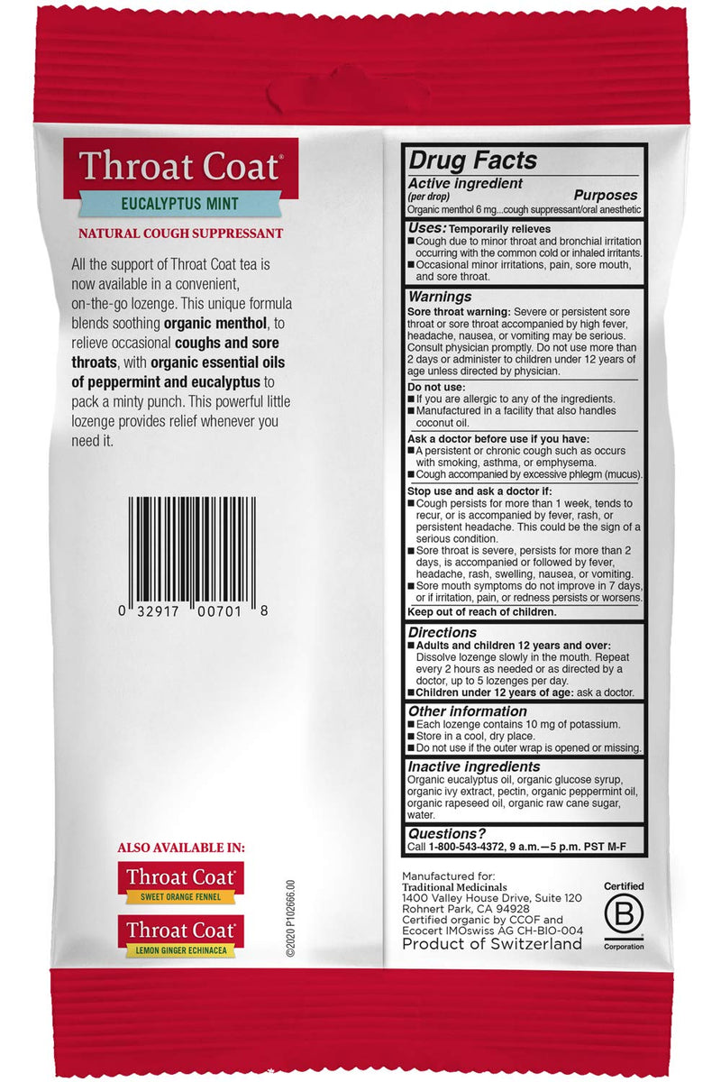 [Australia] - Traditional Medicinals Throat Coat Organic Cough Drops, Eucalyptus Mint with Menthol, Soothes Sore Throats & Relieves Coughs, 16ct. 