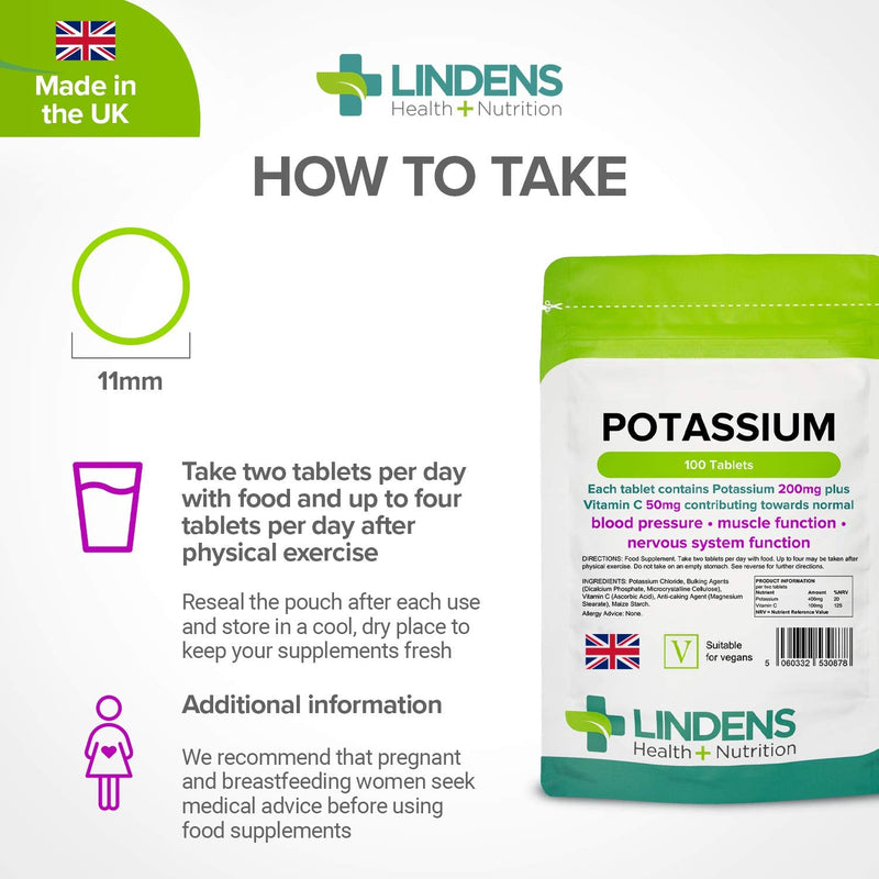 [Australia] - Lindens Potassium 200mg Tablets with 50mg Vitamin C - 100 Tablets - Contributes to Normal Blood Pressure, Muscle Function and Nervous System Function - UK Manufacturer, Letterbox Friendly 200 Count (Pack of 50) 