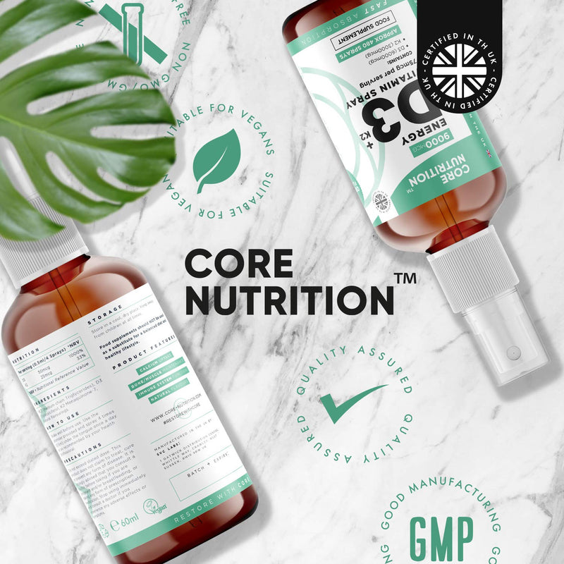 [Australia] - Core Vitamin D3 K2 Spray | 2000iu (50mcg) Vitamin D3 + 25mcg Vitamin K2 (MK7) High Strength | 60ml for 120 Day Supply | 100% Vegan | Natural Orange Vitamin D Spray by Core Nutrition 