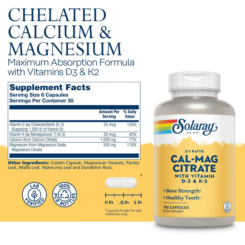 [Australia] - Solaray Calcium & Magnesium Citrate 2:1 w/Vitamin D3 & K2, Healthy Bone, Muscle & Nerve Support, 30 Serv, 180 Capsules 