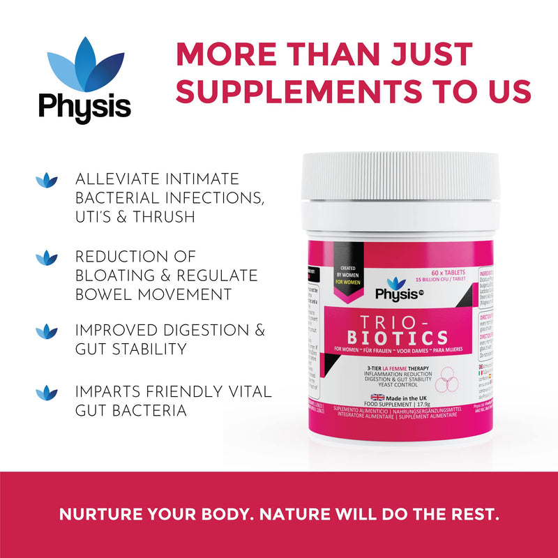 [Australia] - PHYSIS Oral Probiotics for Women | 60 Tablets | Thrush, Cystitis, UTI & Bacterial Vaginosis Treatment | Probiotics for Women Gut Health | 3in1 Healthy Gut Flora, Reduces Bloating & Yeast Control 60 Count (Pack of 1) 