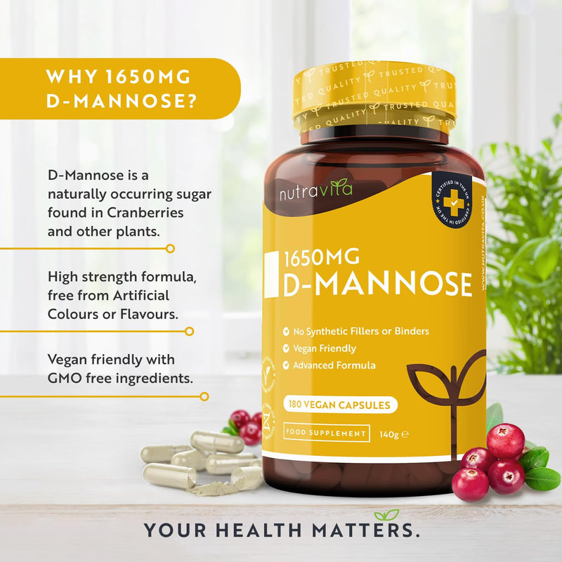 [Australia] - D-Mannose 1650mg High Strength Capsules – 180 Vegan Friendly Capsules (Not Tablets) – 100% Natural Premium D Mannose Supplement – Made in The UK by Nutravita 