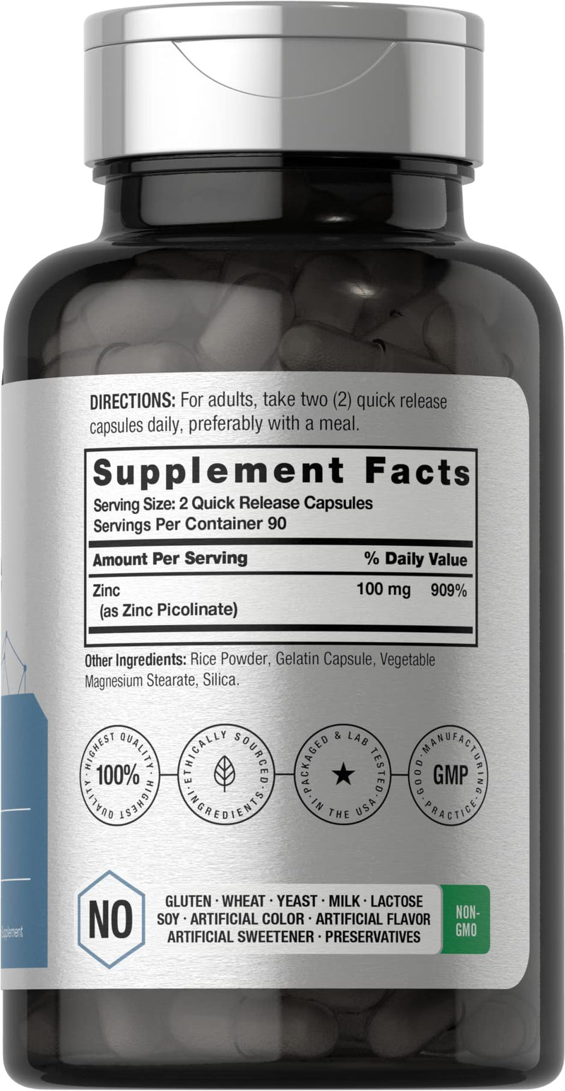 [Australia] - Zinc Picolinate 100mg | 180 Capsules | High Potency | Non-GMO, Gluten Free | Zinc Supplement | by Horbaach 