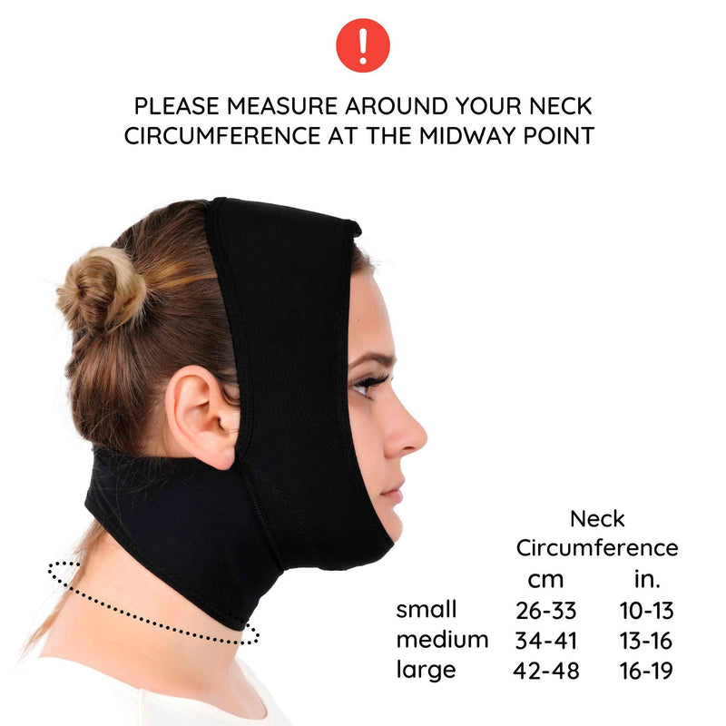 [Australia] - Post Surgery Neck and Chin Compression Garment Wrap Bandage for Women, Face Slimmer, Jowl Tightening, Neck Coverage, Chin Lifting Strap Black Medium (Pack of 1) 