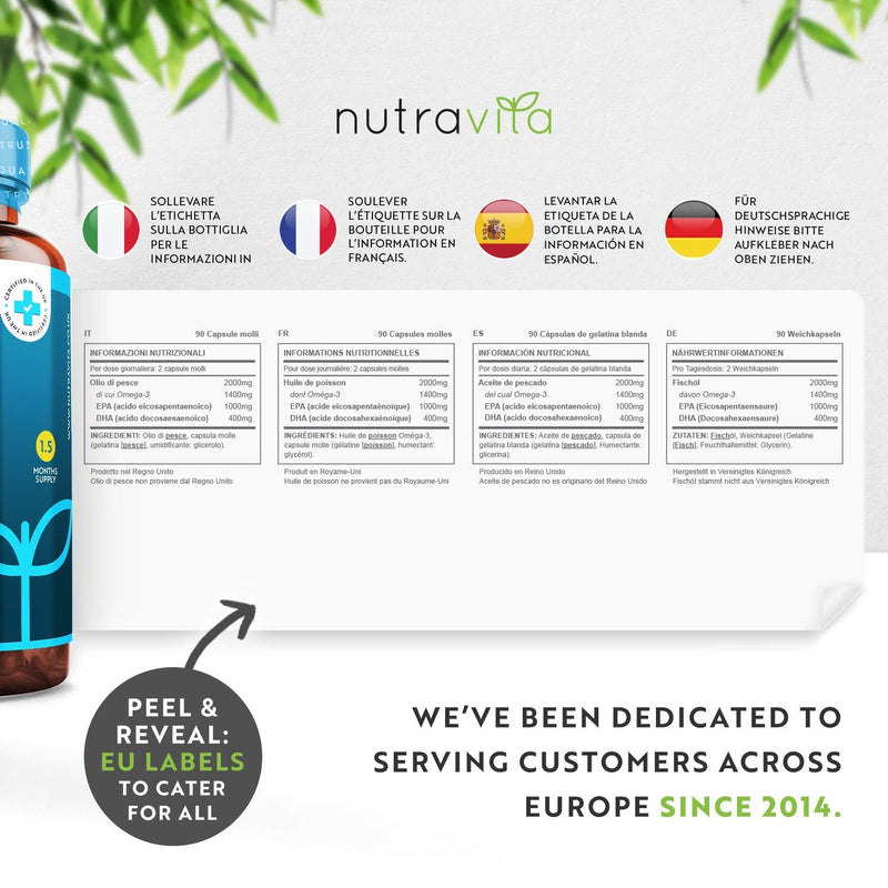 [Australia] - Highest Strength Omega 3 Fish Oil 2000mg - Providing 1000mg EPA & 400mg DHA per Serving - Sustainably Sourced & Contaminant Free - Made in The UK by Nutravita 