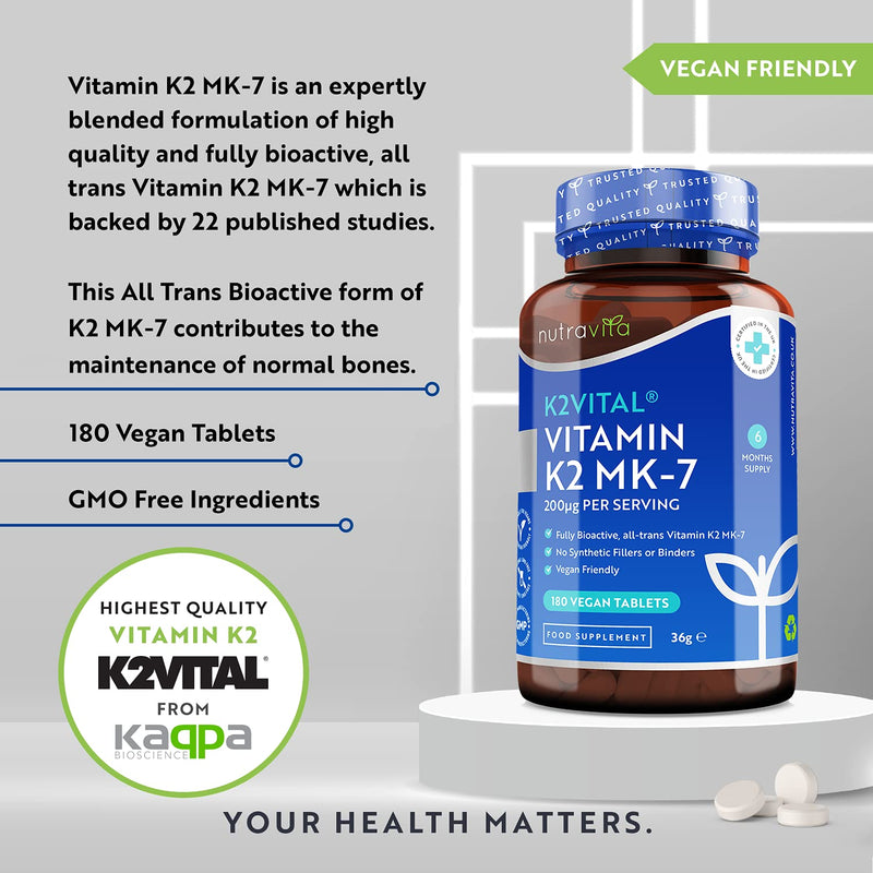 [Australia] - Vitamin K2 Vital® MK7 200mcg (Clinically Proven Ingredient) - 180 Vegan Micro Tablets (Not Capsules) - Maintenance of Normal Bones - High Strength Menaquinone MK7 - Made in The UK by Nutravita 