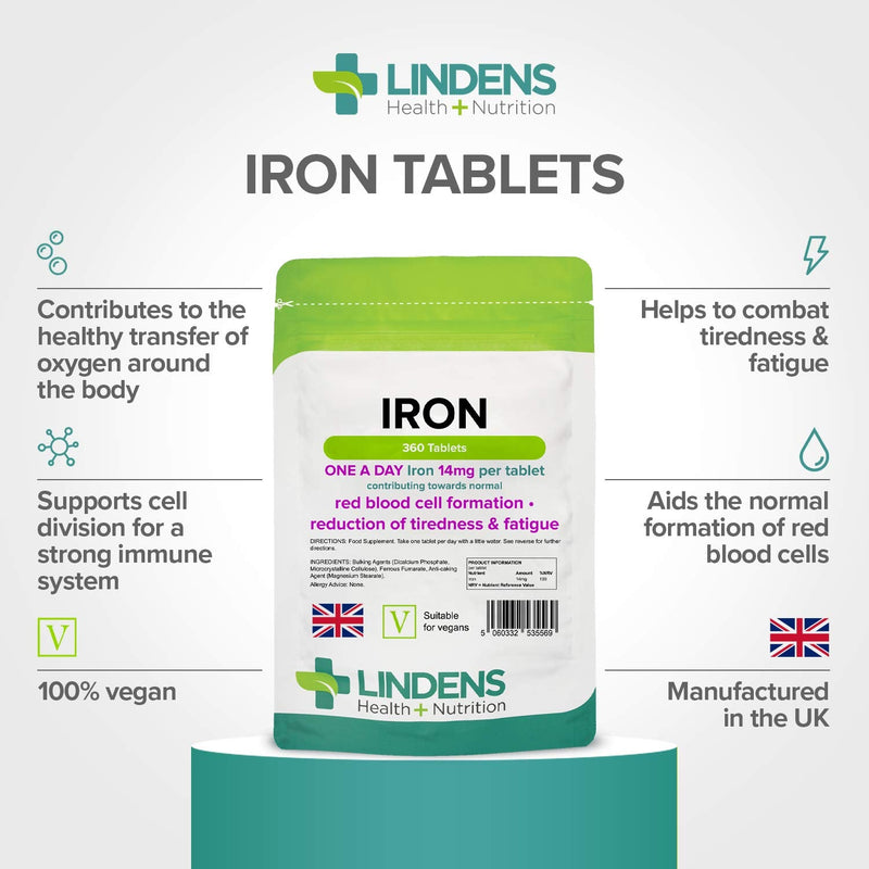[Australia] - Lindens Iron 14mg Tablets - 360 Vegan Tablets - Reduce Tiredness, Increase Energy | Creates Healthy Red Blood Cells, Normal Oxygen Transportation | Made in The UK | (12 Months Supply) 