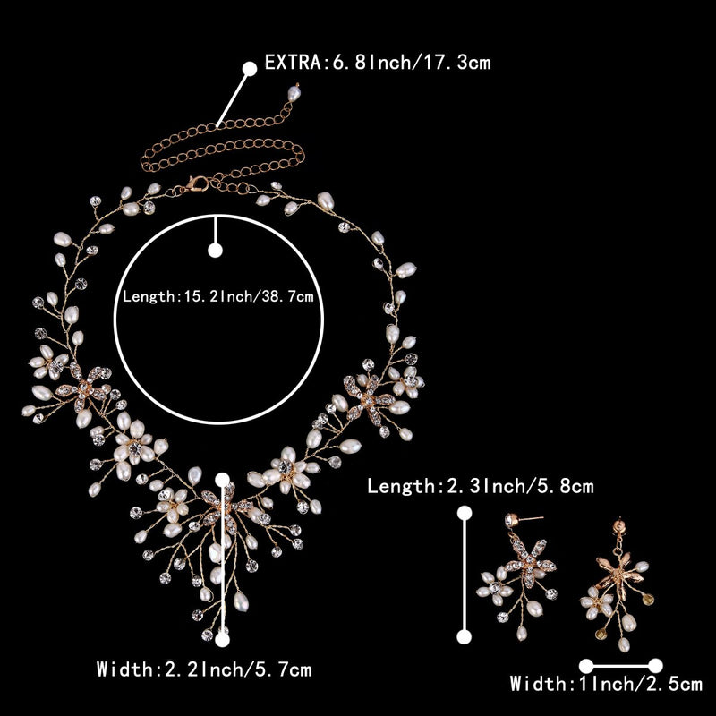 [Australia] - BriLove Women's Bohemian Boho Crystal Teardrop Freshwater Cultured Pearl Handmade Filigree Flower Choker Necklace Dangle Earrings Set Gold-Tone 