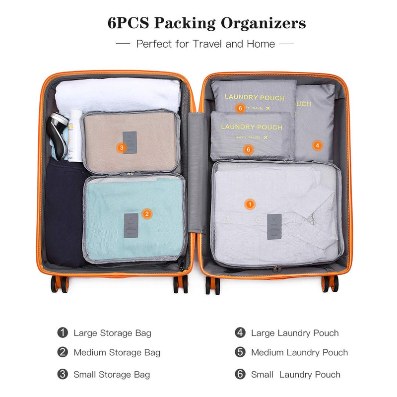 [Australia] - Kono 6PCS Packing Cubes Set Travel Luggage Zip Organisers Clothes Underwear Socks Storage Bag Pouch (Grey) Grey 
