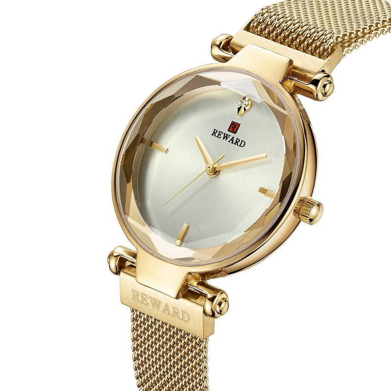 [Australia] - REWARD Japanese Quartz Women Wrist Watch with Multilateral Glass Surface,Simple and Elegant,Fashion Gift for Girls,Waterproof,Stainless Gold 