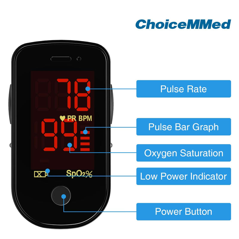 [Australia] - ChoiceMMed Black Finger Pulse Oximeter - Blood Oxygen Saturation Monitor Great as SPO2 Pulse Oximeter - Portable Oxygen Sensor with Included Batteries - O2 Saturation Monitor with Carry Pouch 