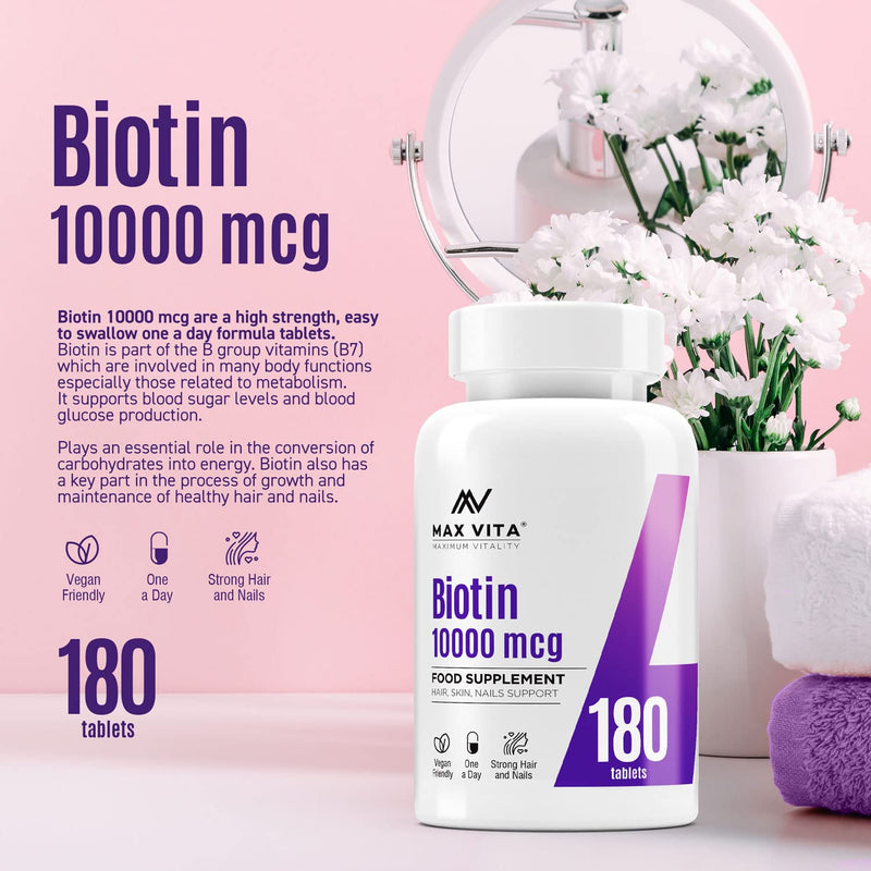 [Australia] - Biotin 10,000mcg High Strength Supplement for Men and Women|Supports Healthy Hair, Skin & Nails|180 Vegetarian Tablets (Non-GMO, Gluten Free) Made in The UK 