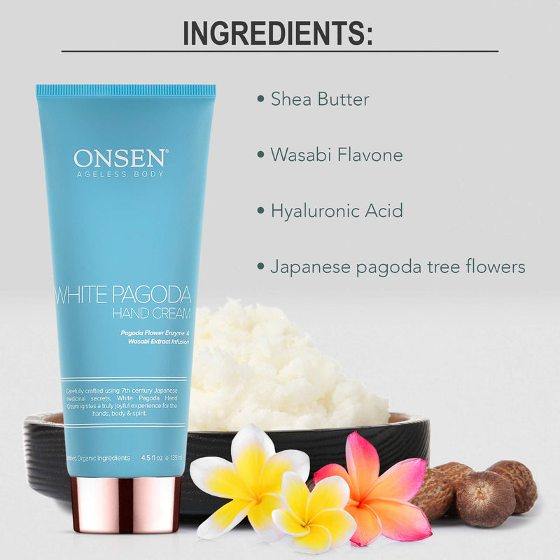 [Australia] - Onsen Japanese Anti Aging Hand Cream - Firming Hand Lotion Features Pagoda Flower Enzyme, Wasabi Extract Infusion, Hyaluronic Acid, and Shea Butter, for Clarified and Moisture Rich Skin (4.5 Oz) 