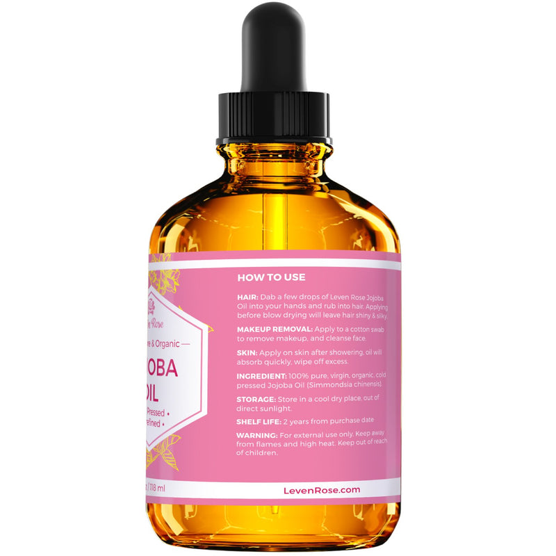 [Australia] - Jojoba Oil by Leven Rose, Pure Cold Pressed Natural Unrefined Moisturizer for Skin Hair Body and Nails 4 oz 