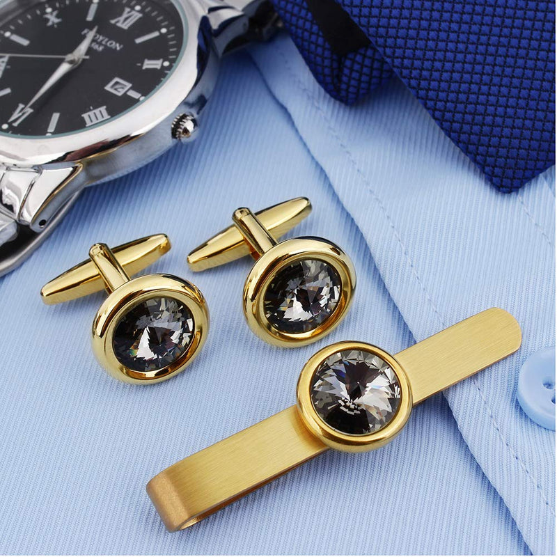 [Australia] - HAWSON 2 inch Tie Clips and Cufflinks Set for Men Skinny Tie Bar Silver Tie Clasp for Regular Necktie with Swarovski Crystal for Formal Business Wedding Shirts in Gift Box Black Diamond Cufflinks with Tie Clip 