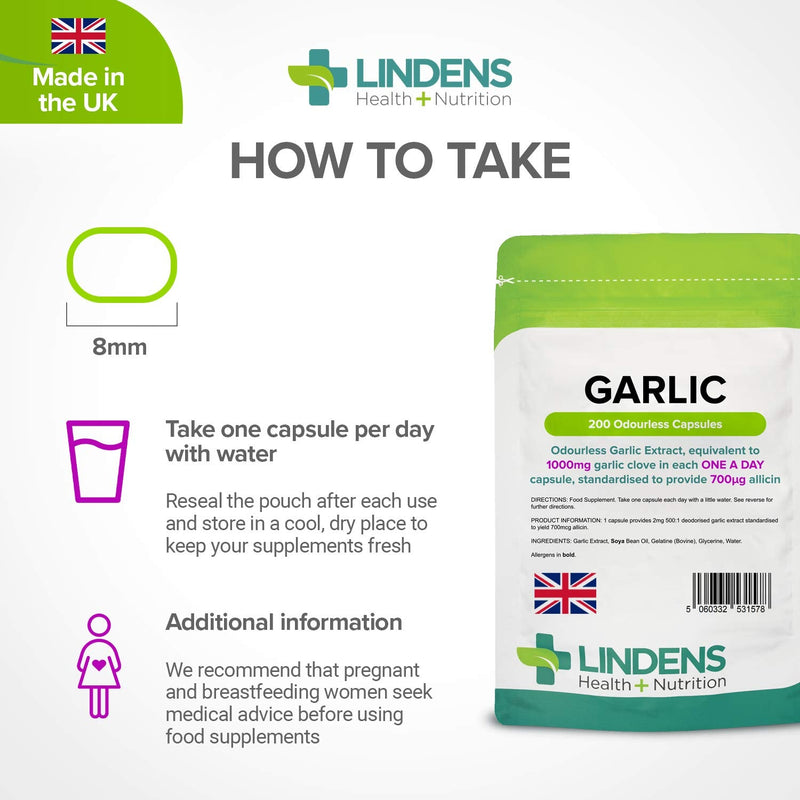 [Australia] - Lindens Garlic Odourless Capsules - 1000mg (700mcg Allicin) - 200 Capsules for 200 Days’ Supply - UK Manufacturer, Letterbox Friendly 