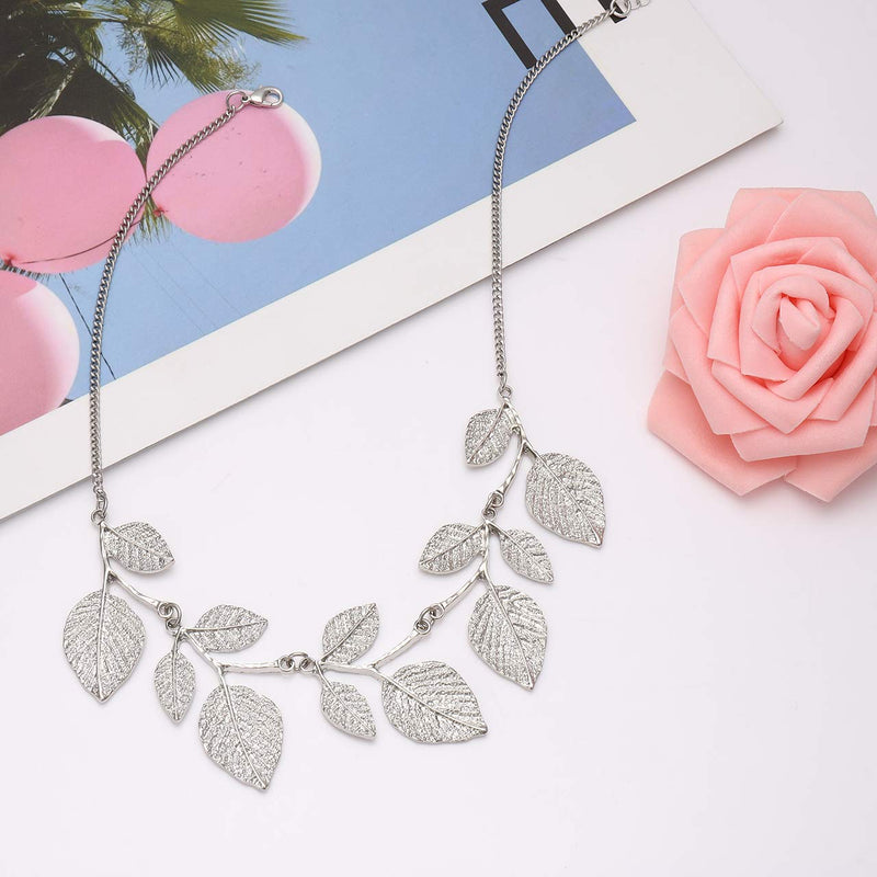 [Australia] - CENAPOG Bohemian Glitter Leaf Collar Necklace for Women Girls Plant Hammered Necklace Chunky Tree Life Choker Necklace Vintage Bib Necklace Silver 