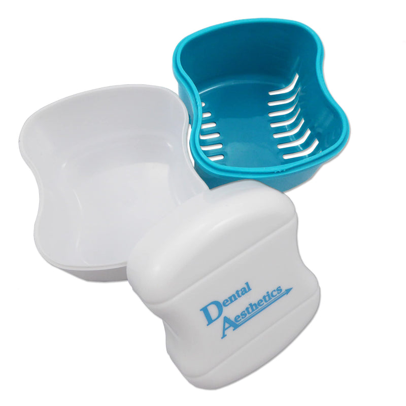 [Australia] - Denture Bath & Brush ~ Storage Container for Soaking Dentures, Brush with Double Bristle Head (Blue Bath) Blue Bath 